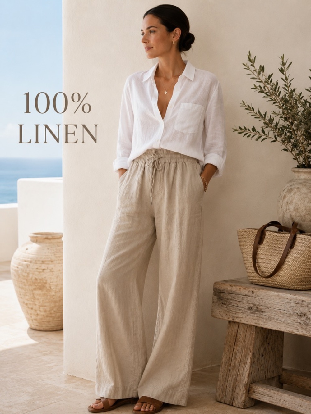 Quince 100% Linen Wide Leg Drawstring Pants Oatmeal Beige XS Coastal Chic